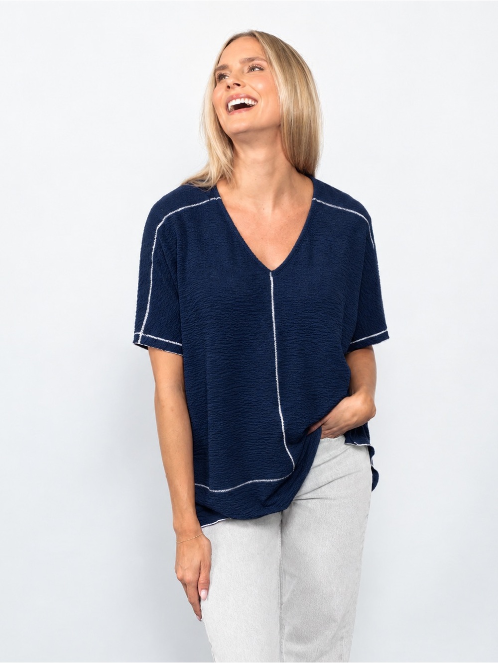 Snoskins Seersucker Collection Exposed Seam Top in Navy